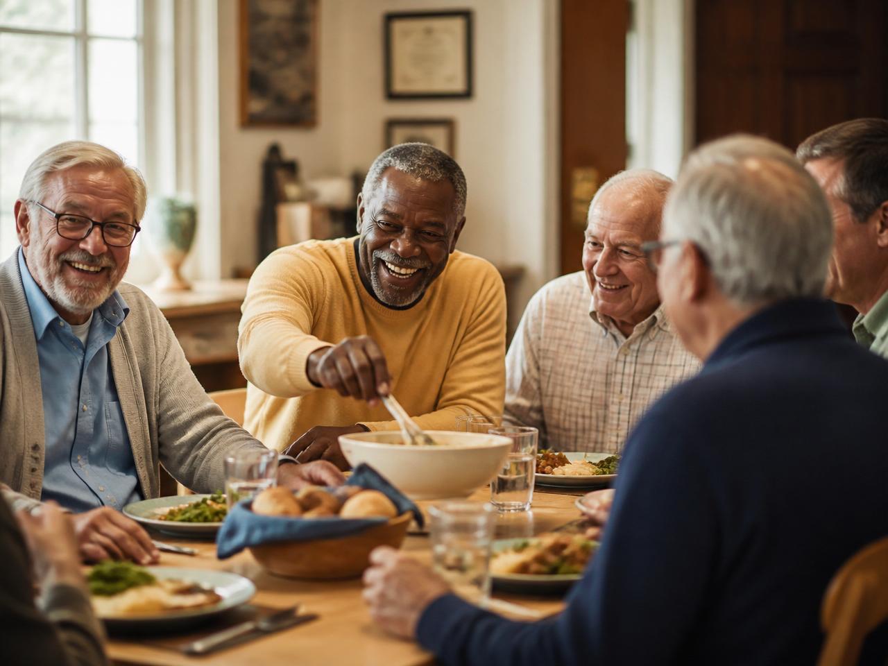 Men enjoying a shared meal together around the dining table
